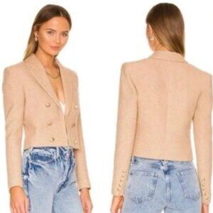 House of Harlow 1960 Women’s Sz M Tan Tweed Cropped Blazer Gold Button Classic